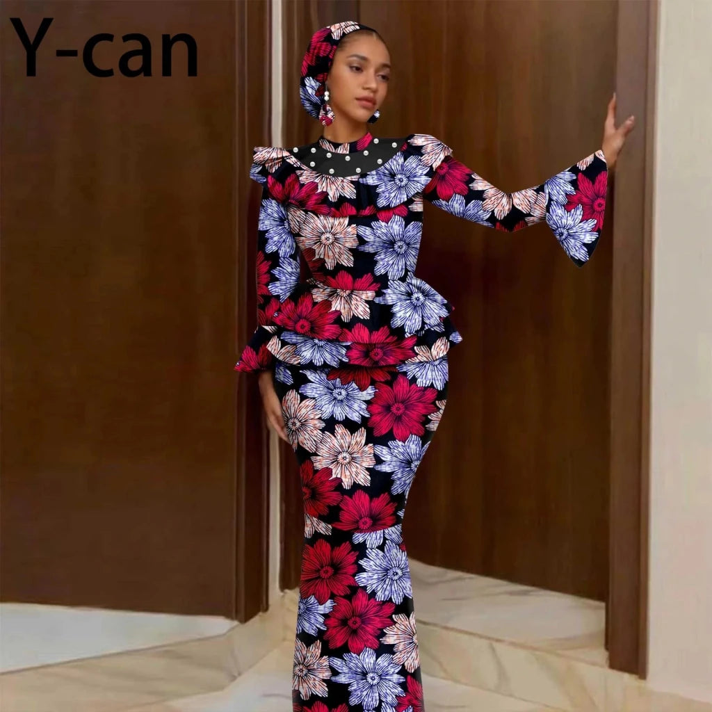 Luxury African Ankara Mermaid Skirt Set with Horn Sleeve Top & Matching Headscarf - Free Delivery Worldwide only at Flexi Africa