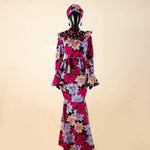 Luxury African Ankara Mermaid Skirt Set with Horn Sleeve Top & Matching Headscarf - Free Delivery Worldwide only at Flexi Africa
