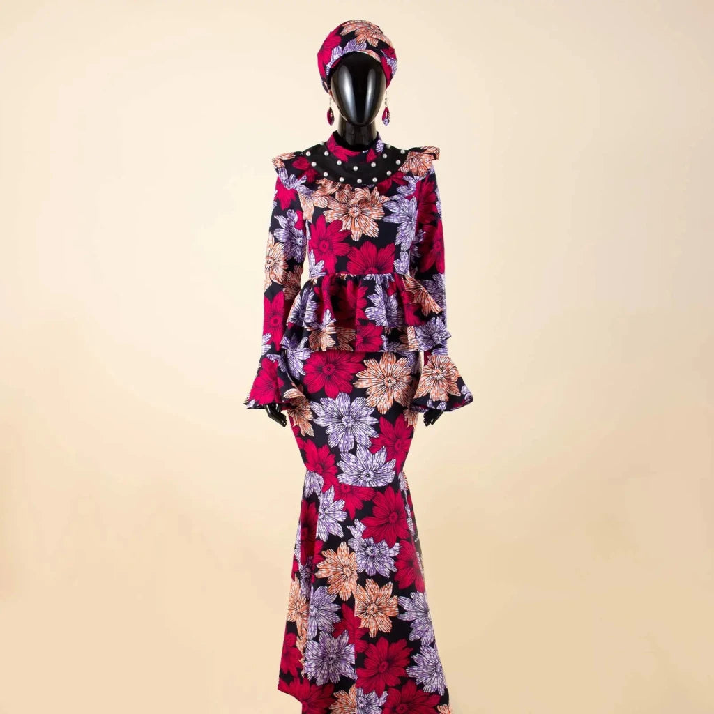 Luxury African Ankara Mermaid Skirt Set with Horn Sleeve Top & Matching Headscarf - Free Delivery Worldwide only at Flexi Africa