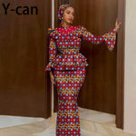 Luxury African Ankara Mermaid Skirt Set with Horn Sleeve Top & Matching Headscarf - Free Delivery Worldwide only at Flexi Africa