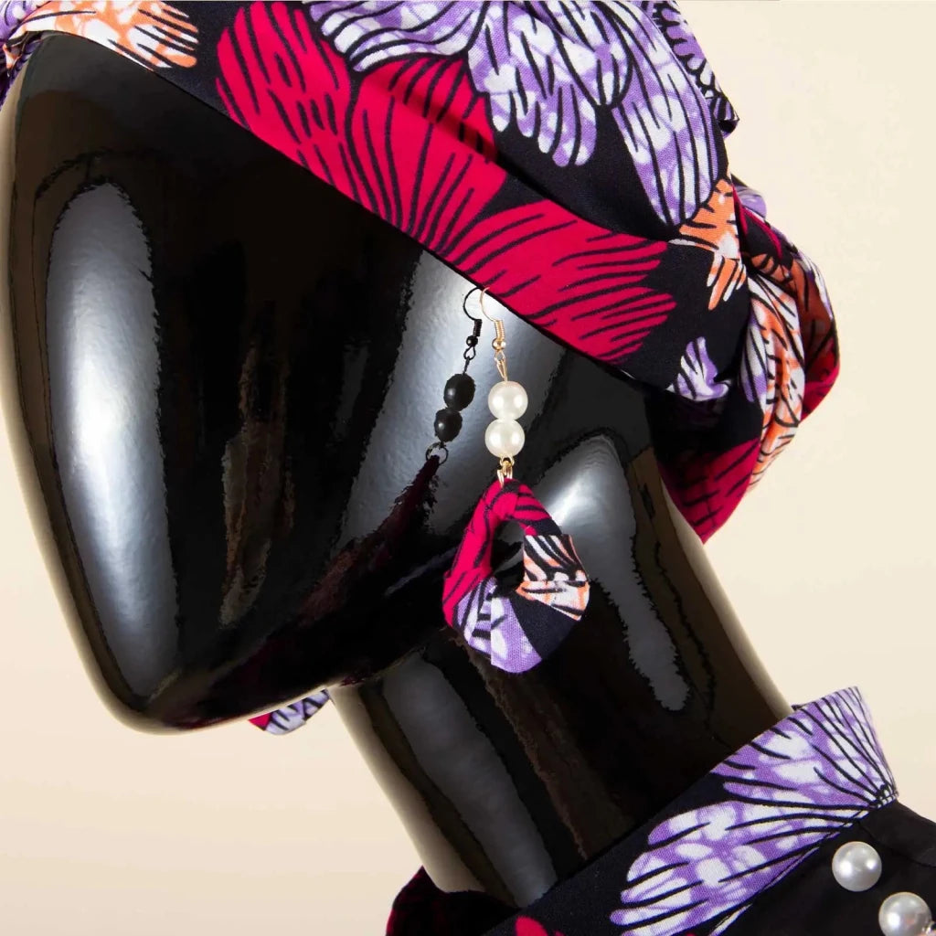 Luxury African Ankara Mermaid Skirt Set with Horn Sleeve Top & Matching Headscarf - Free Delivery Worldwide only at Flexi Africa