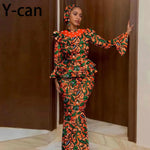 Luxury African Ankara Mermaid Skirt Set with Horn Sleeve Top & Matching Headscarf - Free Delivery Worldwide only at Flexi Africa