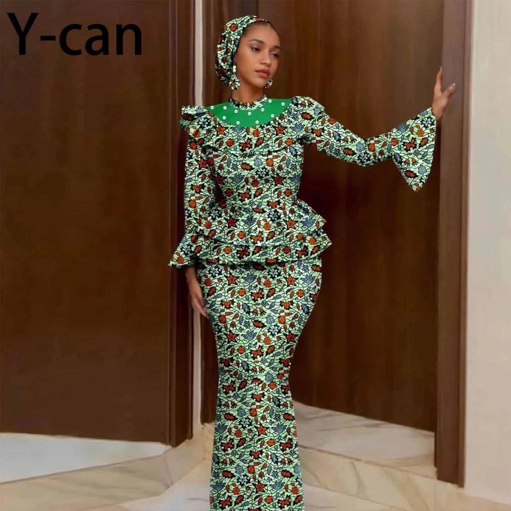 Luxury African Ankara Mermaid Skirt Set with Horn Sleeve Top & Matching Headscarf - Free Delivery Worldwide only at Flexi Africa