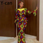 Luxury African Ankara Mermaid Skirt Set with Horn Sleeve Top & Matching Headscarf - Free Delivery Worldwide only at Flexi Africa