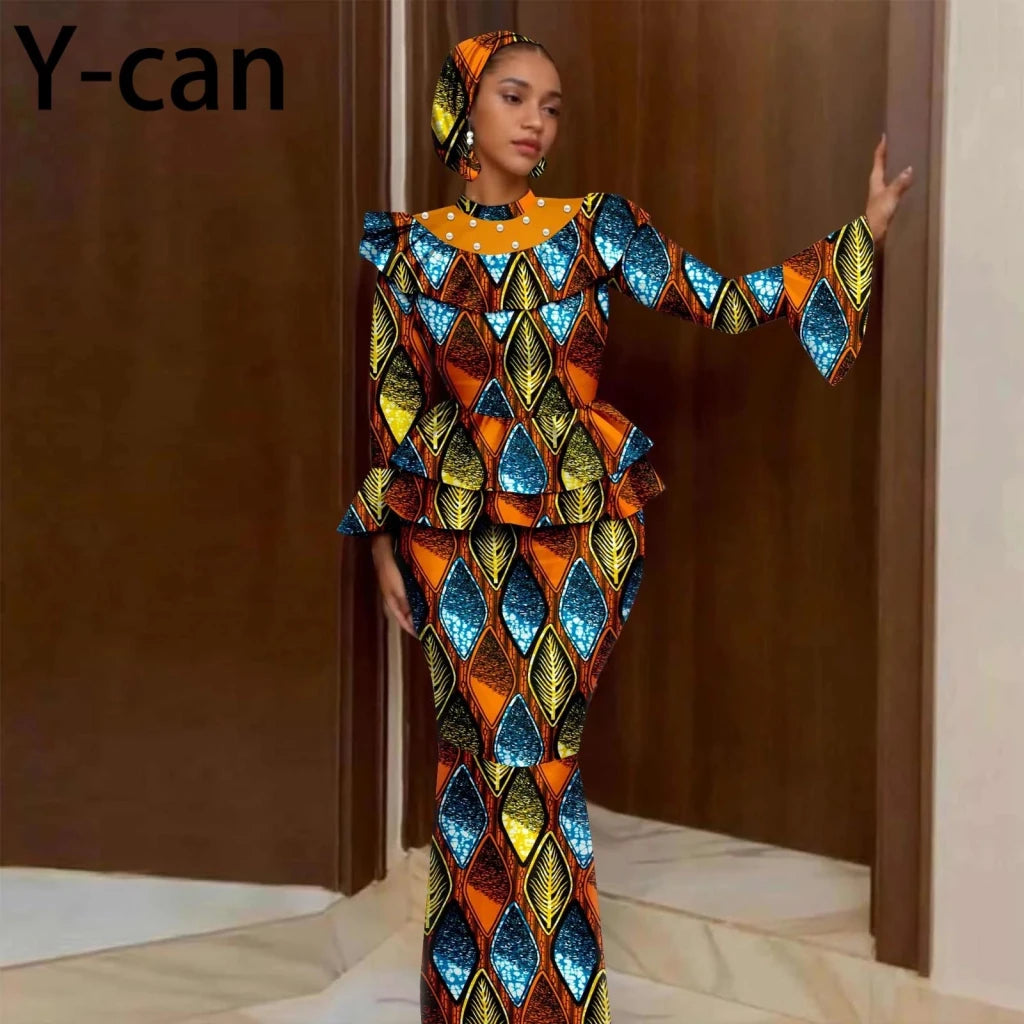 Luxury African Ankara Mermaid Skirt Set with Horn Sleeve Top & Matching Headscarf - Free Delivery Worldwide only at Flexi Africa