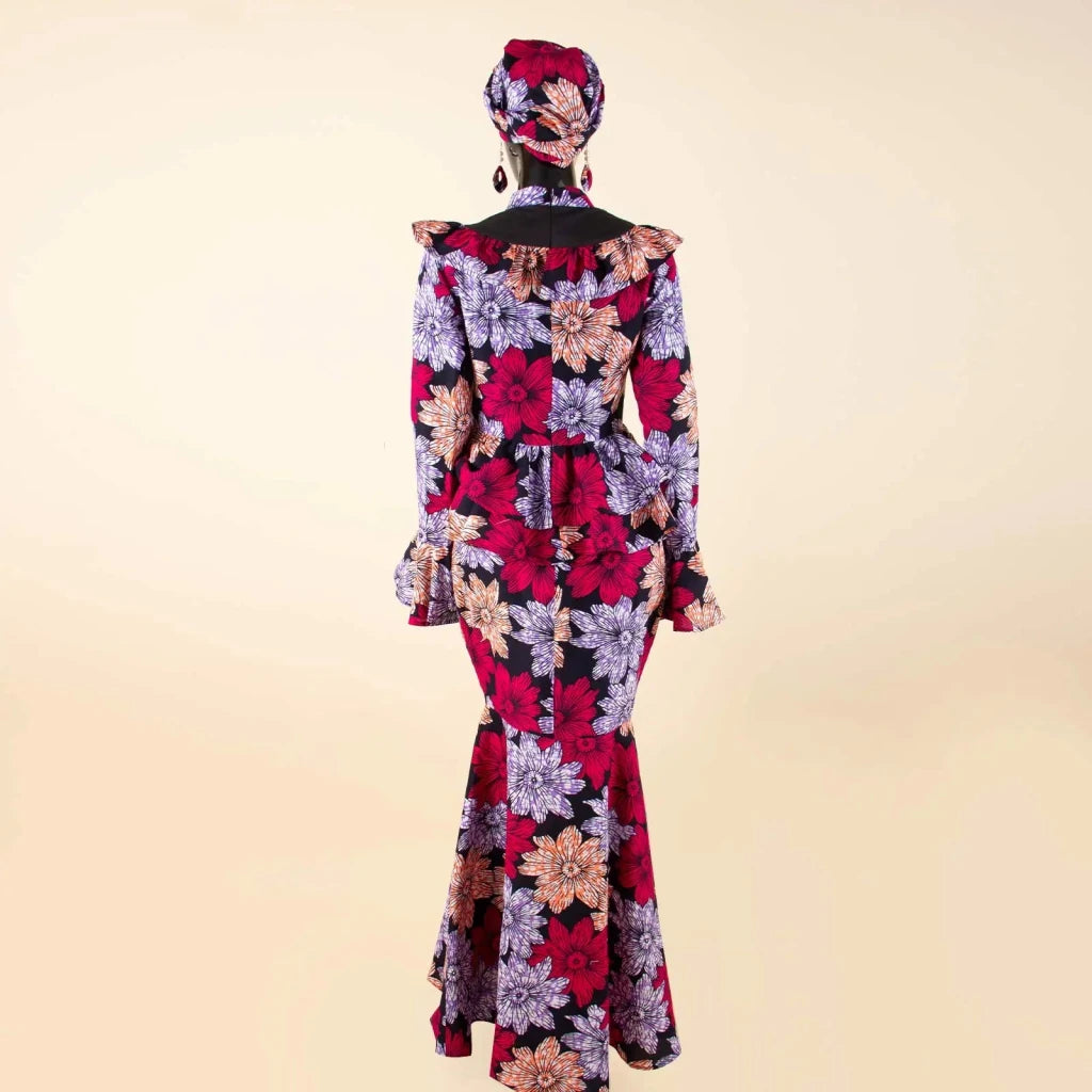 Luxury African Ankara Mermaid Skirt Set with Horn Sleeve Top & Matching Headscarf - Free Delivery Worldwide only at Flexi Africa