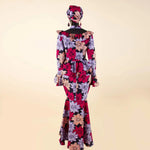 Luxury African Ankara Mermaid Skirt Set with Horn Sleeve Top & Matching Headscarf - Free Delivery Worldwide only at Flexi Africa