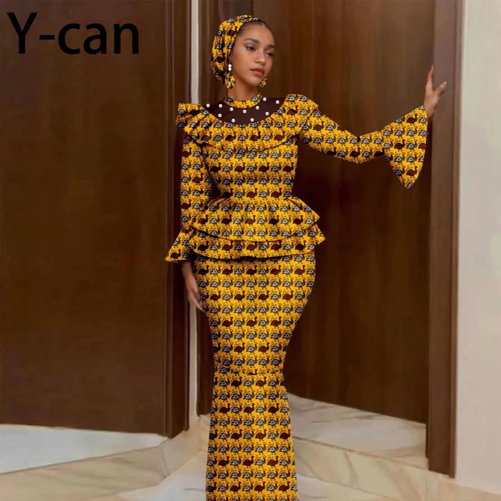 Luxury African Ankara Mermaid Skirt Set with Horn Sleeve Top & Matching Headscarf - Free Delivery Worldwide only at Flexi Africa