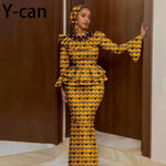 Luxury African Ankara Mermaid Skirt Set with Horn Sleeve Top & Matching Headscarf - Free Delivery Worldwide only at Flexi Africa