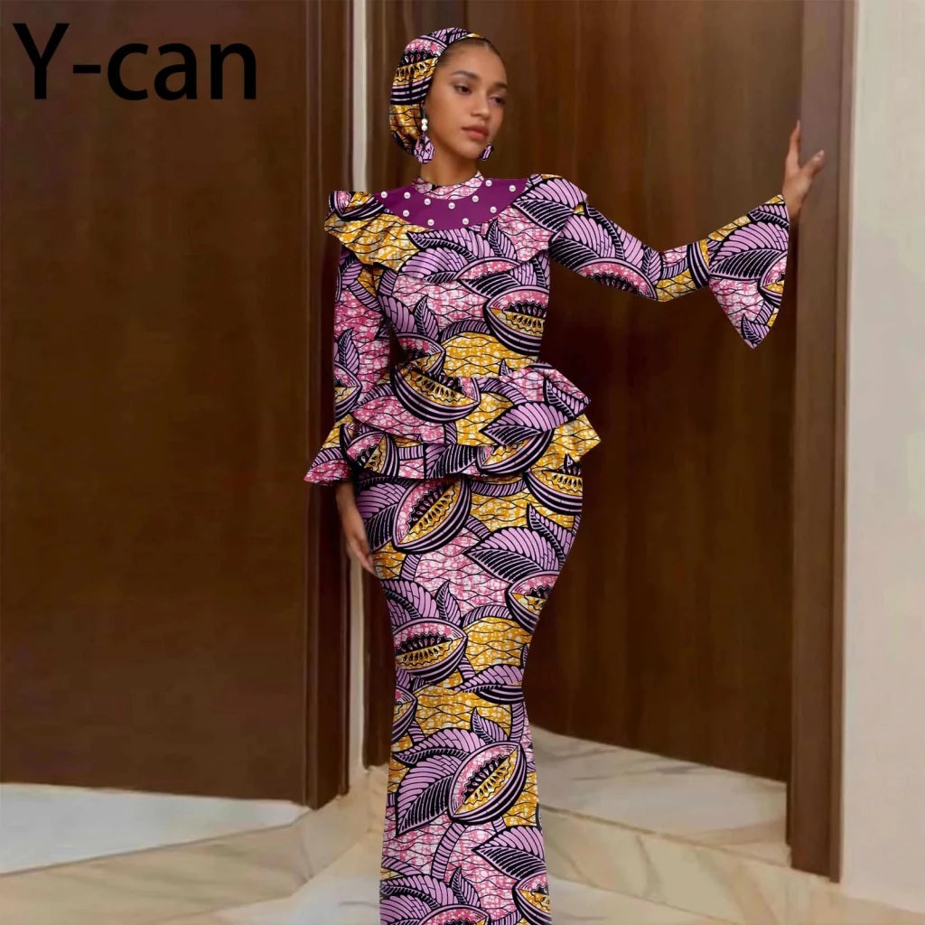 Luxury African Ankara Mermaid Skirt Set with Horn Sleeve Top & Matching Headscarf - Free Delivery Worldwide only at Flexi Africa