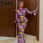 Luxury African Ankara Mermaid Skirt Set with Horn Sleeve Top & Matching Headscarf - Free Delivery Worldwide only at Flexi Africa