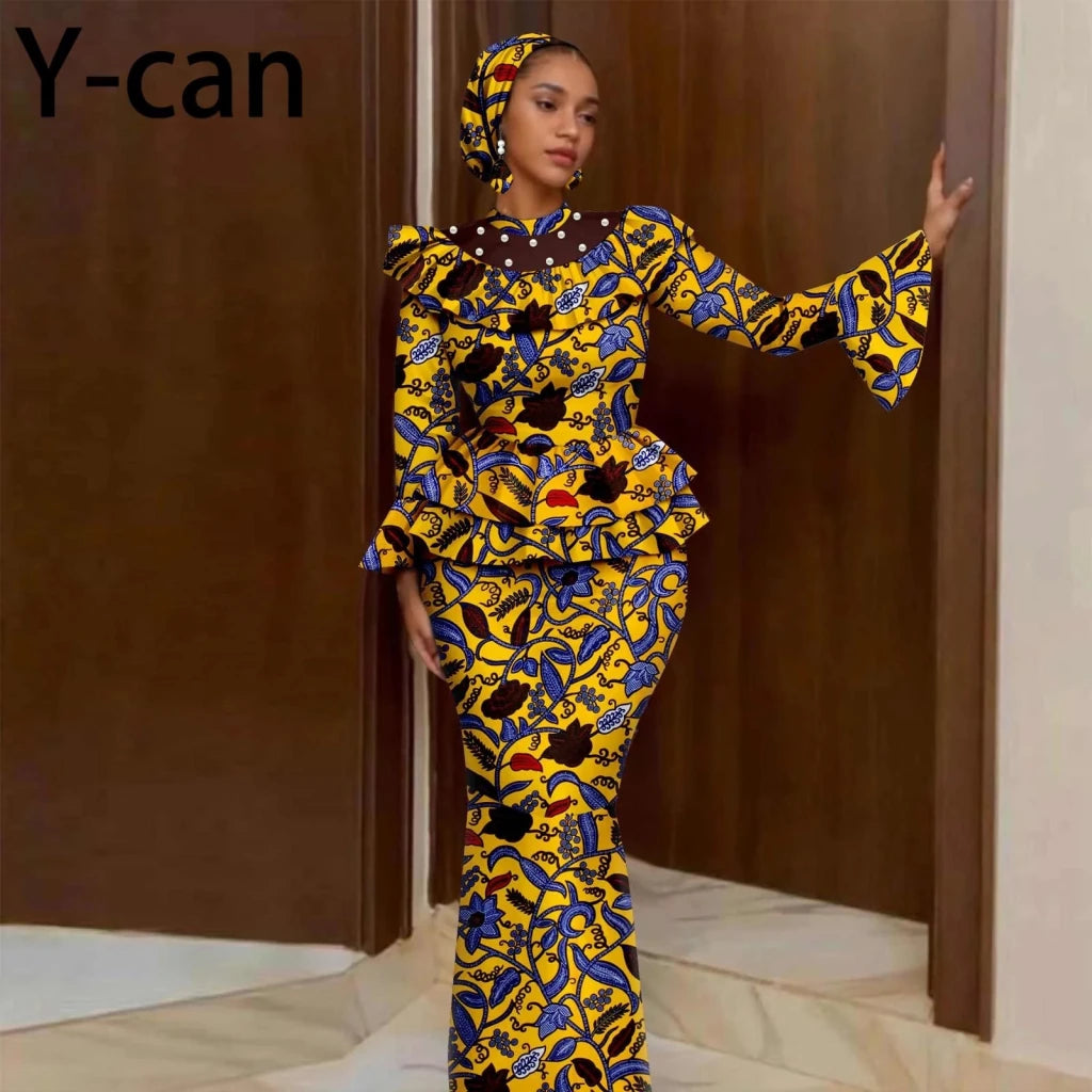 Luxury African Ankara Mermaid Skirt Set with Horn Sleeve Top & Matching Headscarf - Free Delivery Worldwide only at Flexi Africa