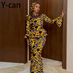 Luxury African Ankara Mermaid Skirt Set with Horn Sleeve Top & Matching Headscarf - Free Delivery Worldwide only at Flexi Africa