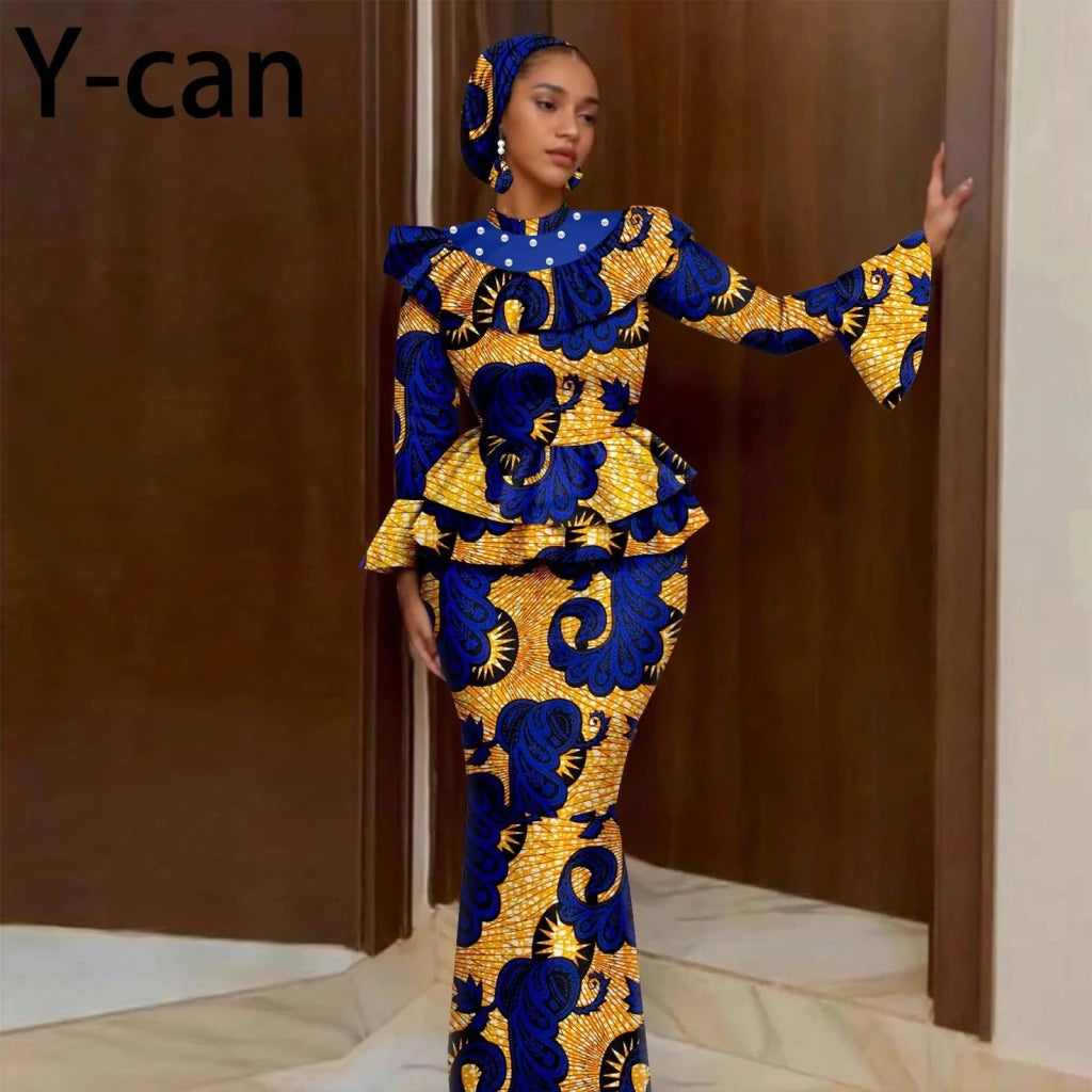 Luxury African Ankara Mermaid Skirt Set with Horn Sleeve Top & Matching Headscarf - Free Delivery Worldwide only at Flexi Africa