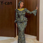 Luxury African Ankara Mermaid Skirt Set with Horn Sleeve Top & Matching Headscarf - Free Delivery Worldwide only at Flexi Africa