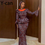 Luxury African Ankara Mermaid Skirt Set with Horn Sleeve Top & Matching Headscarf - Free Delivery Worldwide only at Flexi Africa