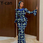Luxury African Ankara Mermaid Skirt Set with Horn Sleeve Top & Matching Headscarf - Free Delivery Worldwide only at Flexi Africa