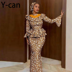 Luxury African Ankara Mermaid Skirt Set with Horn Sleeve Top & Matching Headscarf - Free Delivery Worldwide only at Flexi Africa