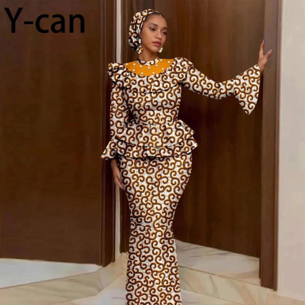 Luxury African Ankara Mermaid Skirt Set with Horn Sleeve Top & Matching Headscarf - Free Delivery Worldwide only at Flexi Africa