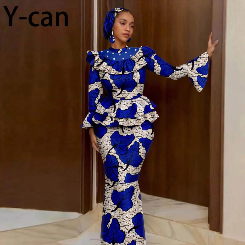 Luxury African Ankara Mermaid Skirt Set with Horn Sleeve Top & Matching Headscarf - Free Delivery Worldwide only at Flexi Africa