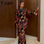 Luxury African Ankara Mermaid Skirt Set with Horn Sleeve Top & Matching Headscarf - Free Delivery Worldwide only at Flexi Africa