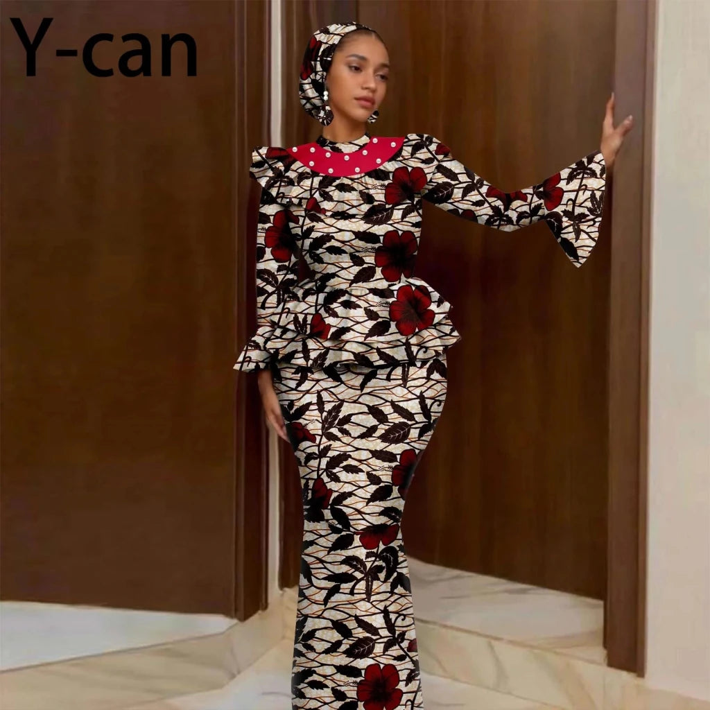 Luxury African Ankara Mermaid Skirt Set with Horn Sleeve Top & Matching Headscarf - Free Delivery Worldwide only at Flexi Africa