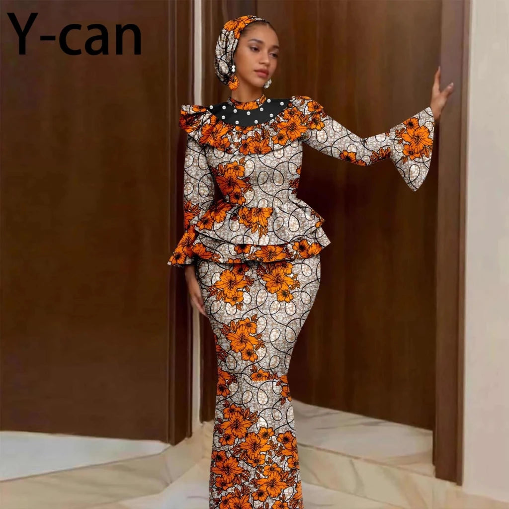 Luxury African Ankara Mermaid Skirt Set with Horn Sleeve Top & Matching Headscarf - Free Delivery Worldwide only at Flexi Africa