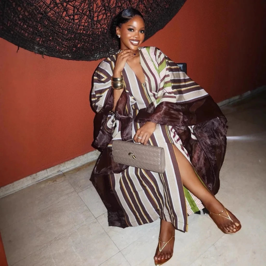 Luxury African Dashiki Maxi Dress – V - Neck Long Sleeve Plus Size Kaftan Abaya - Free Delivery Worldwide only at Flexi Africa