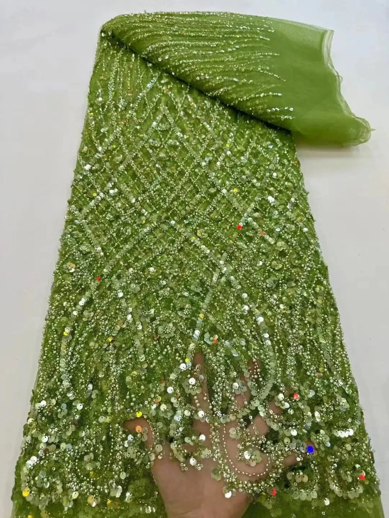 Luxury African Heavy Beaded Lace Fabric – Nigerian Embroidered Sequin Lace for Groom Wedding & Party Dresses, 5 Yards - Free Delivery Worldwide only at Flexi Africa