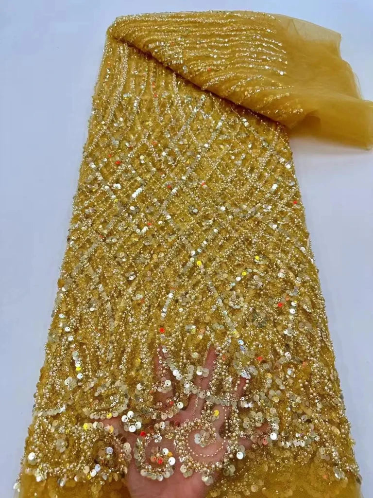 Luxury African Heavy Beaded Lace Fabric – Nigerian Embroidered Sequin Lace for Groom Wedding & Party Dresses, 5 Yards - Free Delivery Worldwide only at Flexi Africa