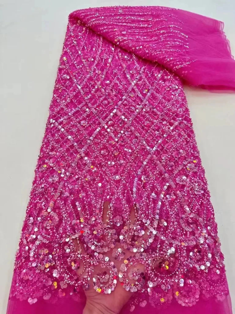 Luxury African Heavy Beaded Lace Fabric – Nigerian Embroidered Sequin Lace for Groom Wedding & Party Dresses, 5 Yards - Free Delivery Worldwide only at Flexi Africa