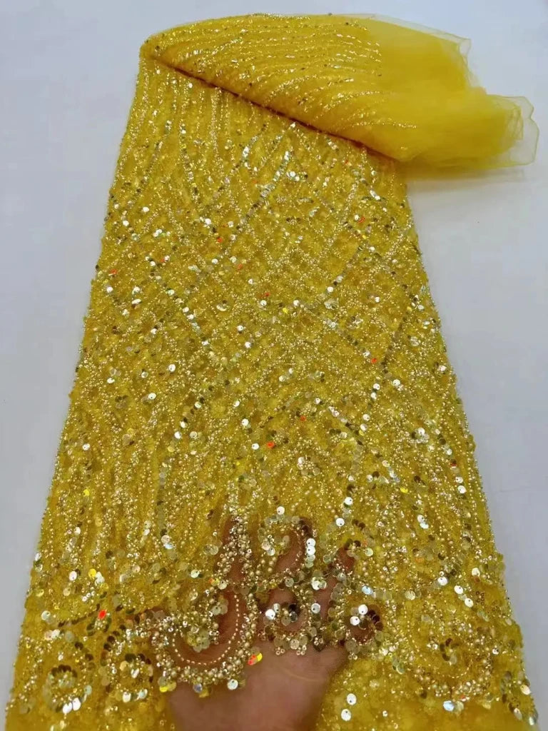 Luxury African Heavy Beaded Lace Fabric – Nigerian Embroidered Sequin Lace for Groom Wedding & Party Dresses, 5 Yards - Free Delivery Worldwide only at Flexi Africa