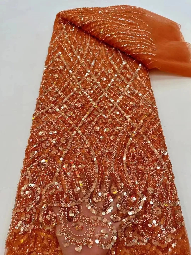 Luxury African Heavy Beaded Lace Fabric – Nigerian Embroidered Sequin Lace for Groom Wedding & Party Dresses, 5 Yards - Free Delivery Worldwide only at Flexi Africa