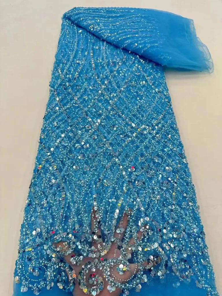 Luxury African Heavy Beaded Lace Fabric – Nigerian Embroidered Sequin Lace for Groom Wedding & Party Dresses, 5 Yards - Free Delivery Worldwide only at Flexi Africa