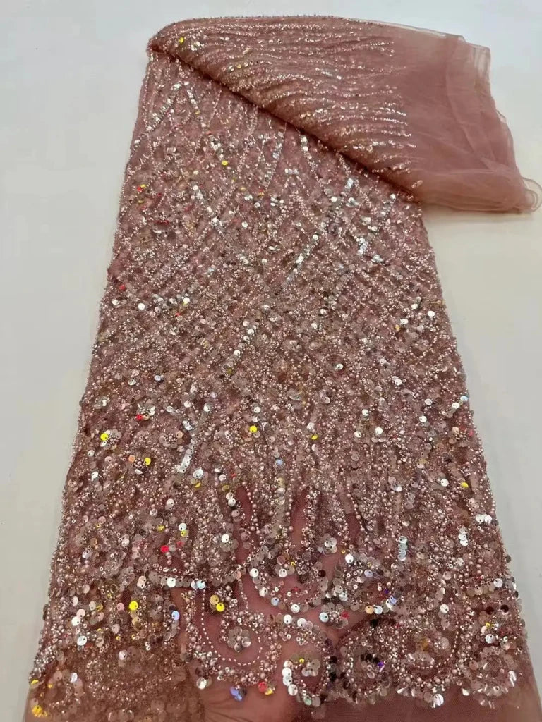 Luxury African Heavy Beaded Lace Fabric – Nigerian Embroidered Sequin Lace for Groom Wedding & Party Dresses, 5 Yards - Free Delivery Worldwide only at Flexi Africa