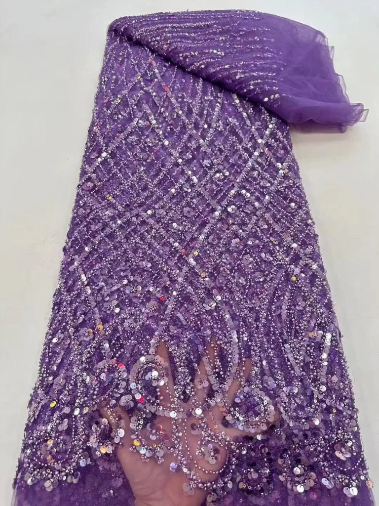 Luxury African Heavy Beaded Lace Fabric – Nigerian Embroidered Sequin Lace for Groom Wedding & Party Dresses, 5 Yards - Free Delivery Worldwide only at Flexi Africa