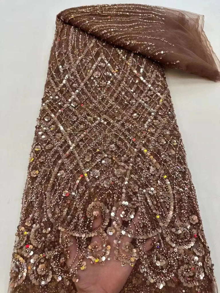 Luxury African Heavy Beaded Lace Fabric – Nigerian Embroidered Sequin Lace for Groom Wedding & Party Dresses, 5 Yards - Free Delivery Worldwide only at Flexi Africa