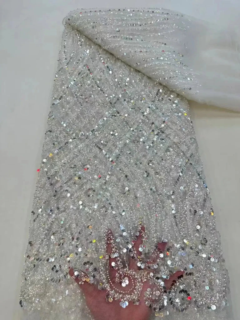 Luxury African Heavy Beaded Lace Fabric – Nigerian Embroidered Sequin Lace for Groom Wedding & Party Dresses, 5 Yards - Free Delivery Worldwide only at Flexi Africa