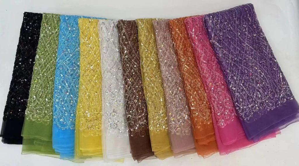 Luxury African Heavy Beaded Lace Fabric – Nigerian Embroidered Sequin Lace for Groom Wedding & Party Dresses, 5 Yards - Free Delivery Worldwide only at Flexi Africa