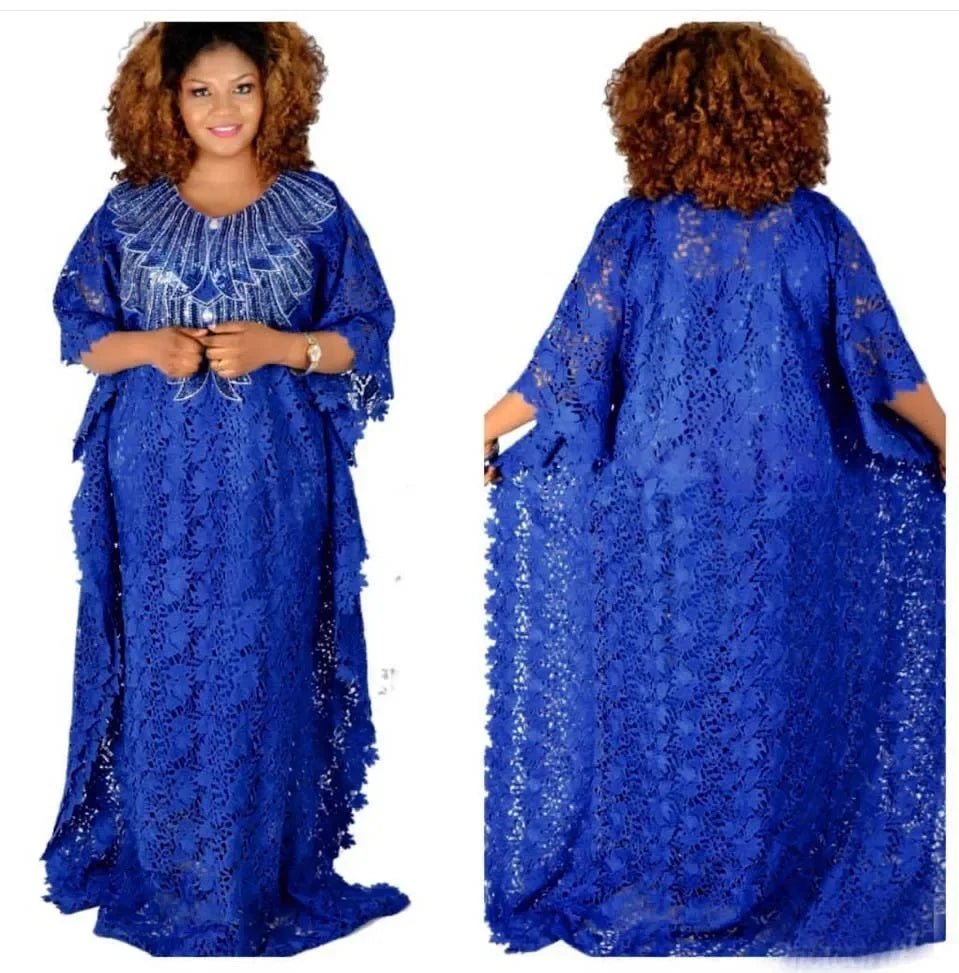 Luxury African Lace Maxi Dress for Women – Beaded Embroidered Plus Size Loose-Fit Gown - Free Delivery Worldwide only at Flexi Africa