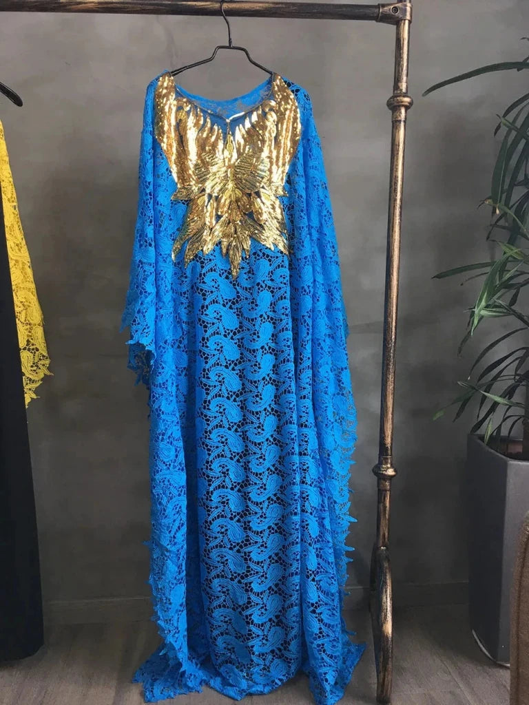 Luxury African Lace Maxi Dress for Women – Beaded Embroidered Plus Size Loose-Fit Gown - Free Delivery Worldwide only at Flexi Africa
