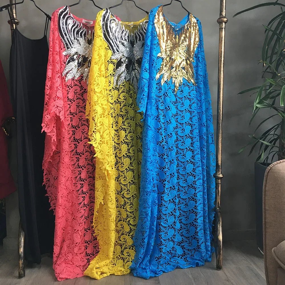 Luxury African Lace Maxi Dress for Women – Beaded Embroidered Plus Size Loose-Fit Gown - Free Delivery Worldwide only at Flexi Africa