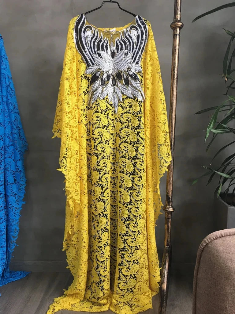 Luxury African Lace Maxi Dress for Women – Beaded Embroidered Plus Size Loose-Fit Gown - Free Delivery Worldwide only at Flexi Africa