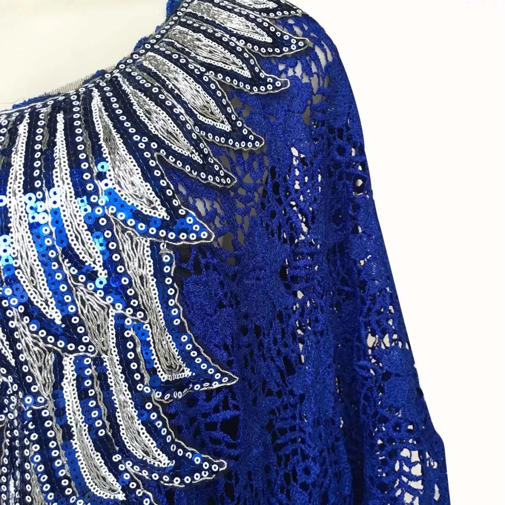 Luxury African Lace Maxi Dress for Women – Beaded Embroidered Plus Size Loose-Fit Gown - Free Delivery Worldwide only at Flexi Africa