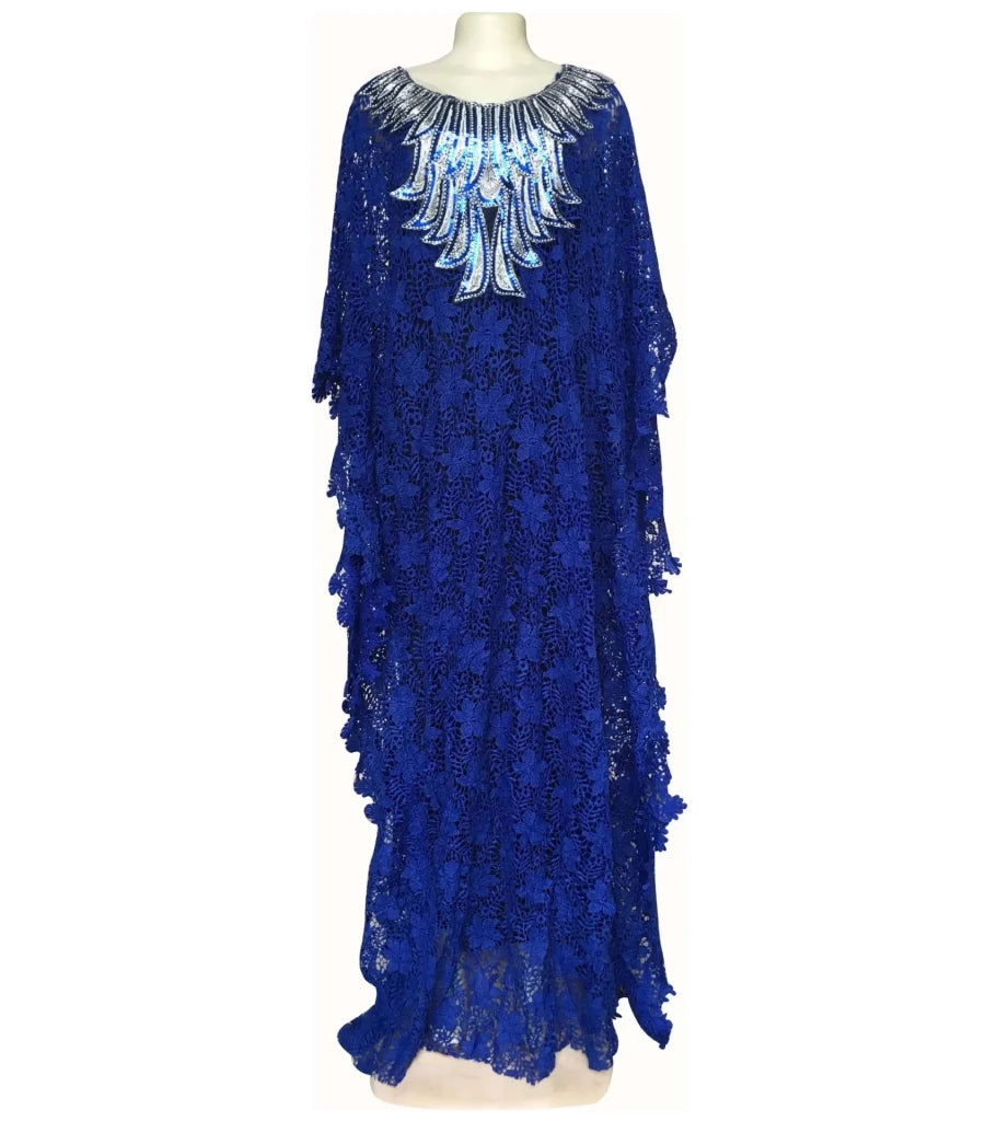 Luxury African Lace Maxi Dress for Women – Beaded Embroidered Plus Size Loose-Fit Gown - Free Delivery Worldwide only at Flexi Africa