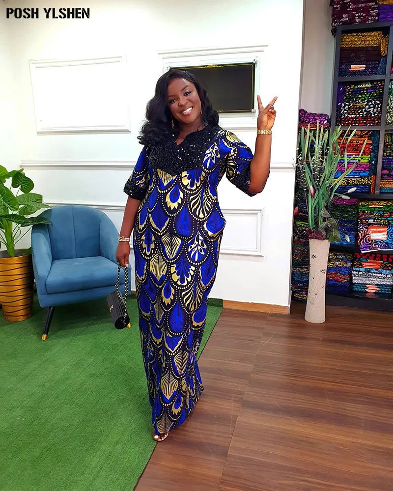 African Sequin Caftan Gown – Floral Print & Slit