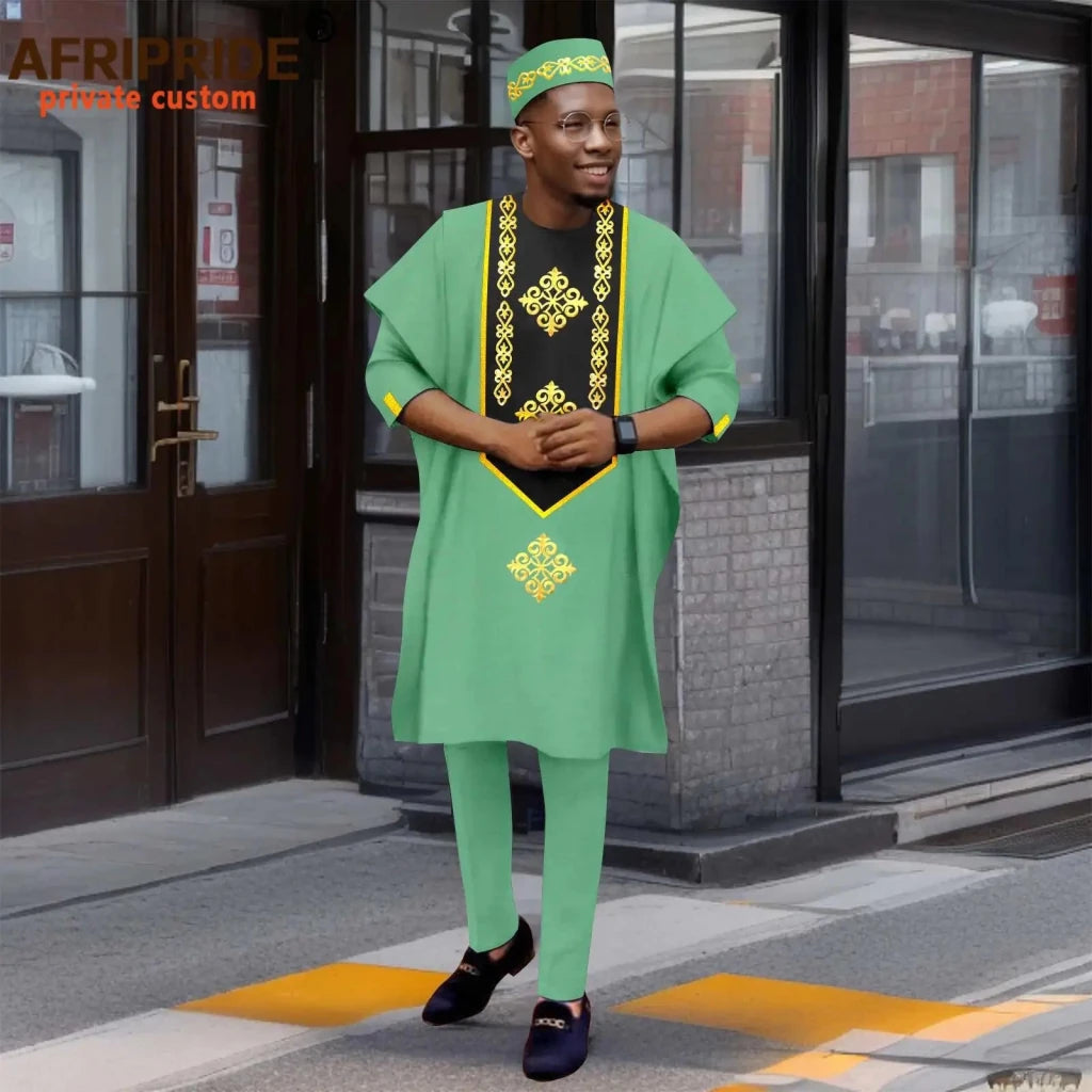 Luxury African Men’s Agbada 4-Piece Set – Embroidered Dashiki Shirt, Pants, Robe & Hat - Free Delivery Worldwide only at Flexi Africa
