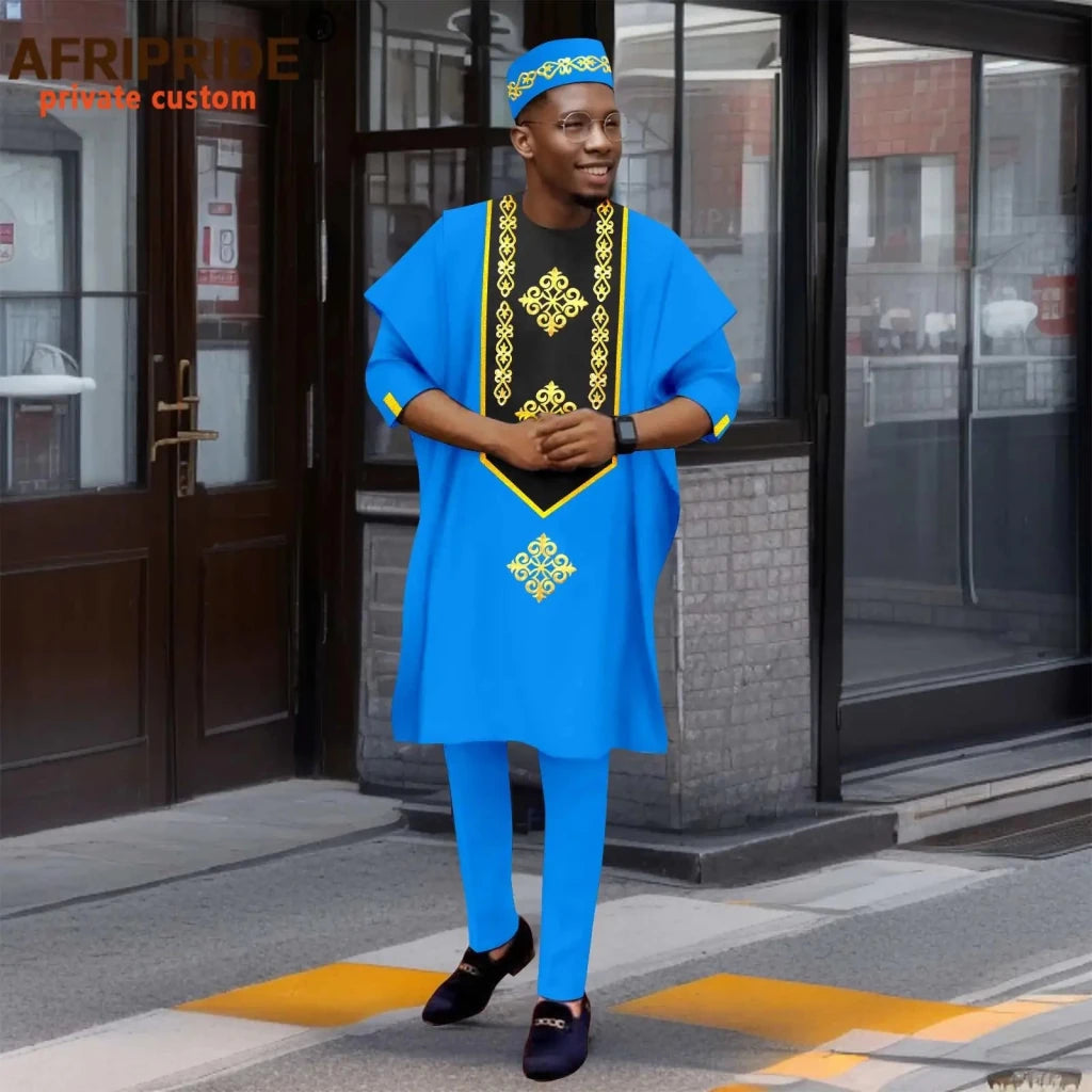 Luxury African Men’s Agbada 4-Piece Set – Embroidered Dashiki Shirt, Pants, Robe & Hat - Free Delivery Worldwide only at Flexi Africa