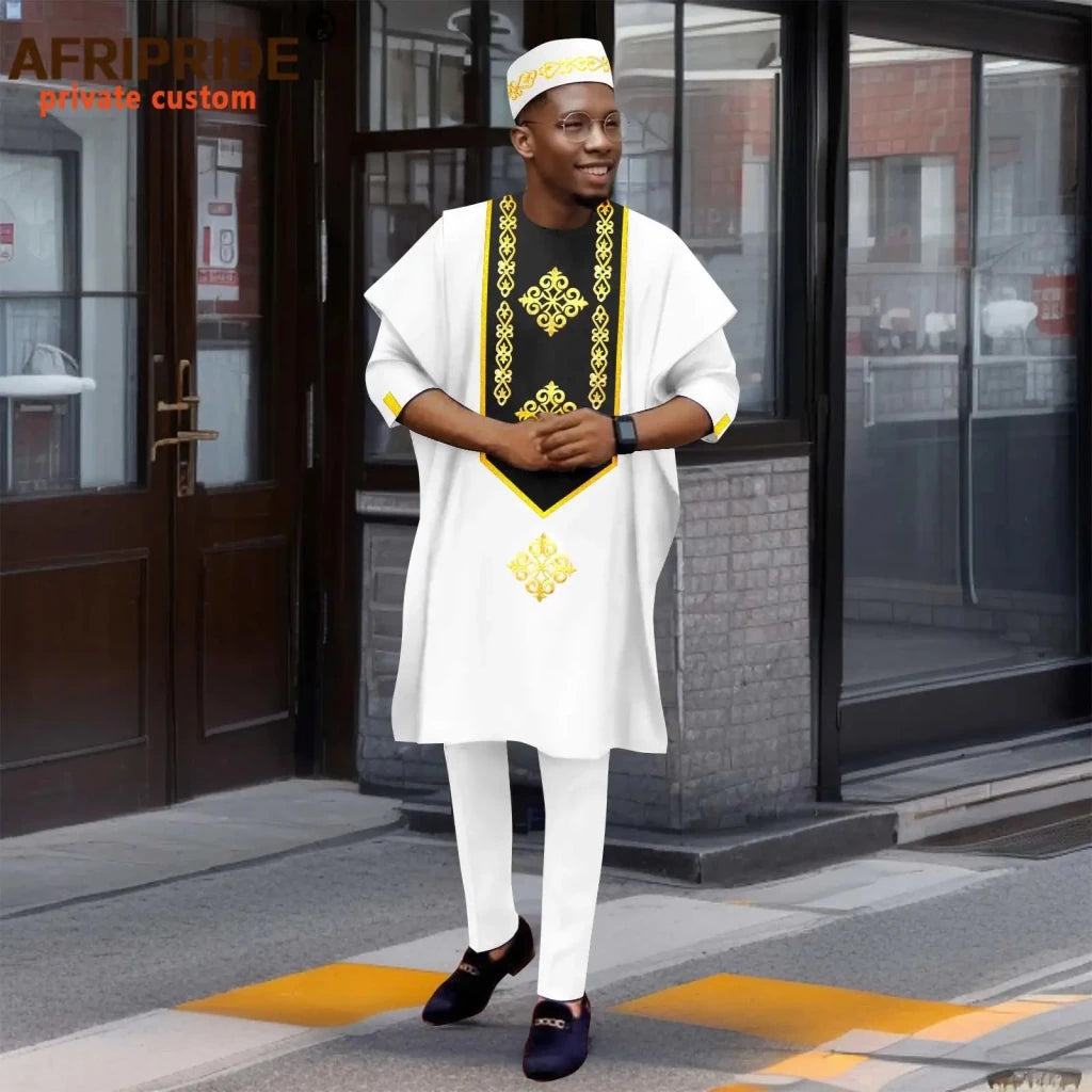 Luxury African Men’s Agbada 4-Piece Set – Embroidered Dashiki Shirt, Pants, Robe & Hat - Free Delivery Worldwide only at Flexi Africa
