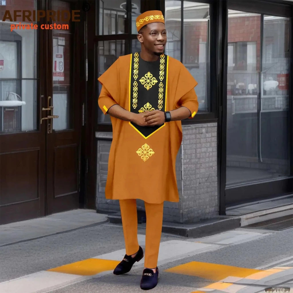 Luxury African Men’s Agbada 4-Piece Set – Embroidered Dashiki Shirt, Pants, Robe & Hat - Free Delivery Worldwide only at Flexi Africa